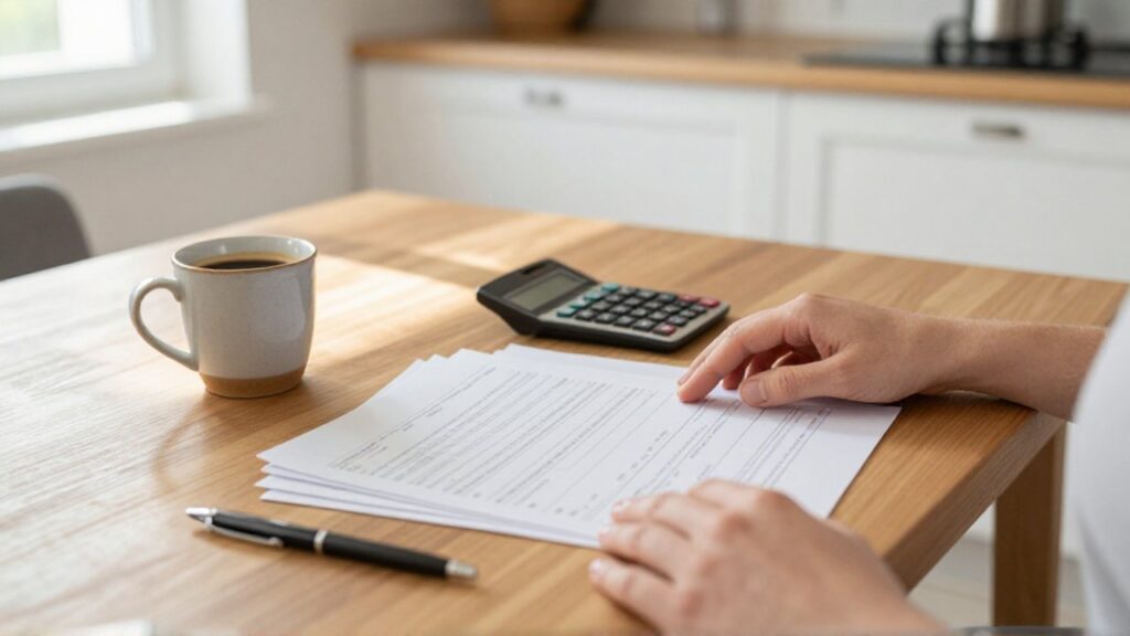 Manos organizando papeles y una calculadora sobre una mesa de madera junto a un café.