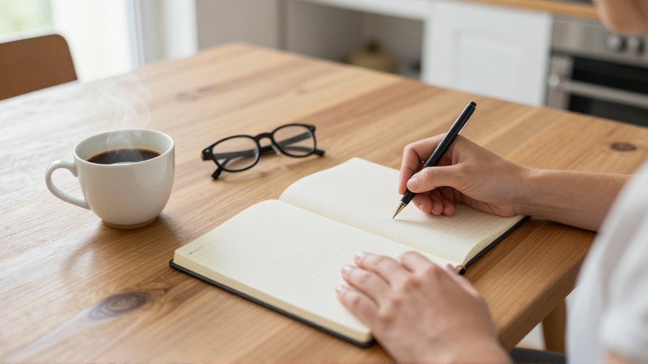 Manos con un bolígrafo comparan dos caminos en un cuaderno sobre una mesa de madera con café y gafas.