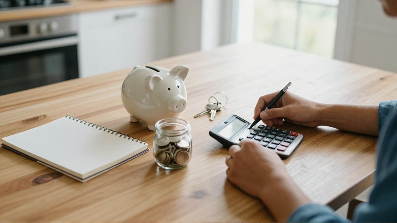 Manos organizando un cuaderno, una hucha y monedas junto a llaves, una calculadora y un bolígrafo sobre una mesa de madera.