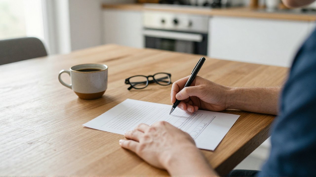 Manos con un bolígrafo marcan un documento con gráficos sobre una mesa de madera junto a un café y gafas.