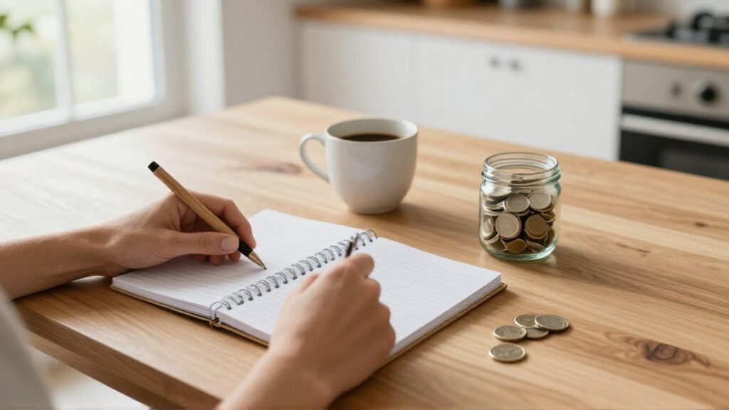 Manos de una persona escribiendo en un cuaderno junto a un frasco con monedas y café.
