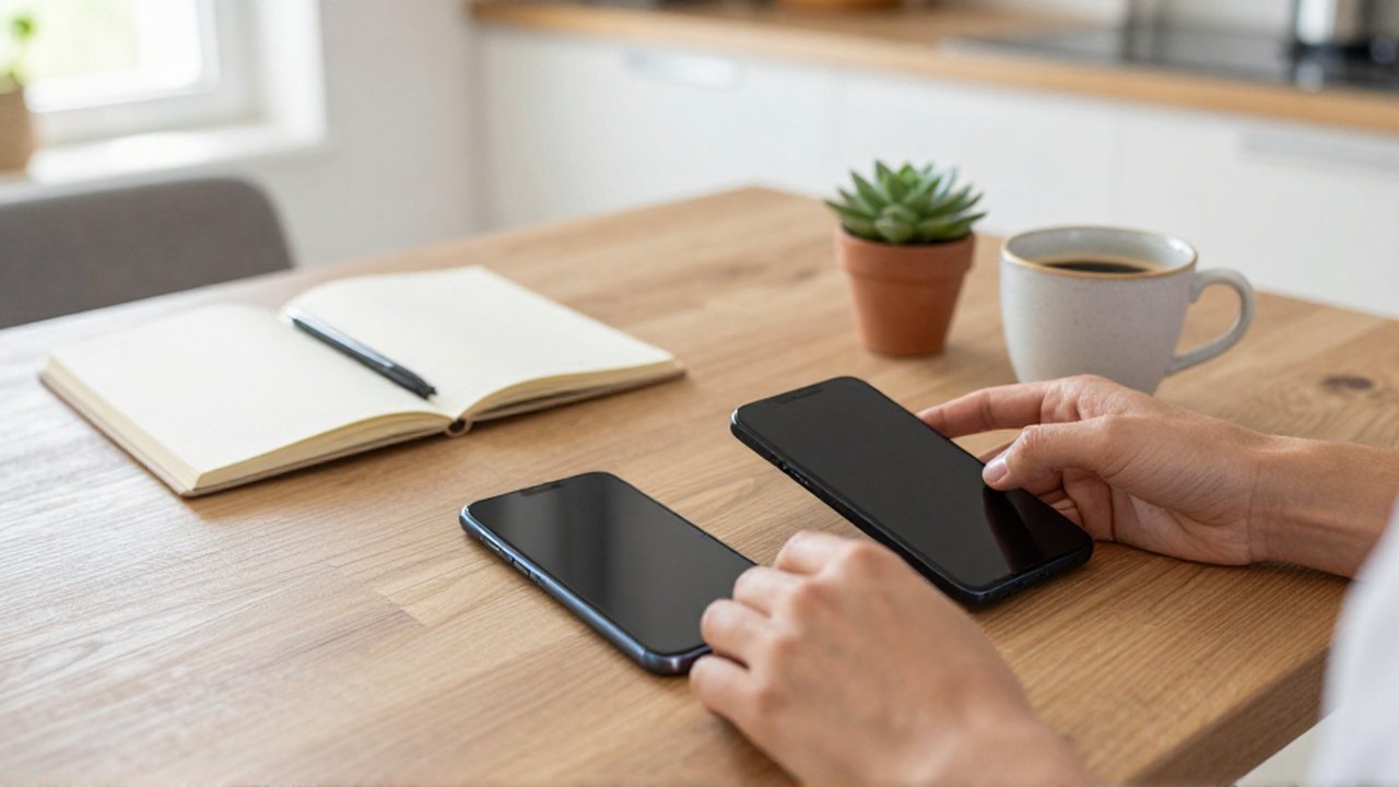 Unas manos comparan dos teléfonos inteligentes sobre una mesa de madera junto a un cuaderno y café.