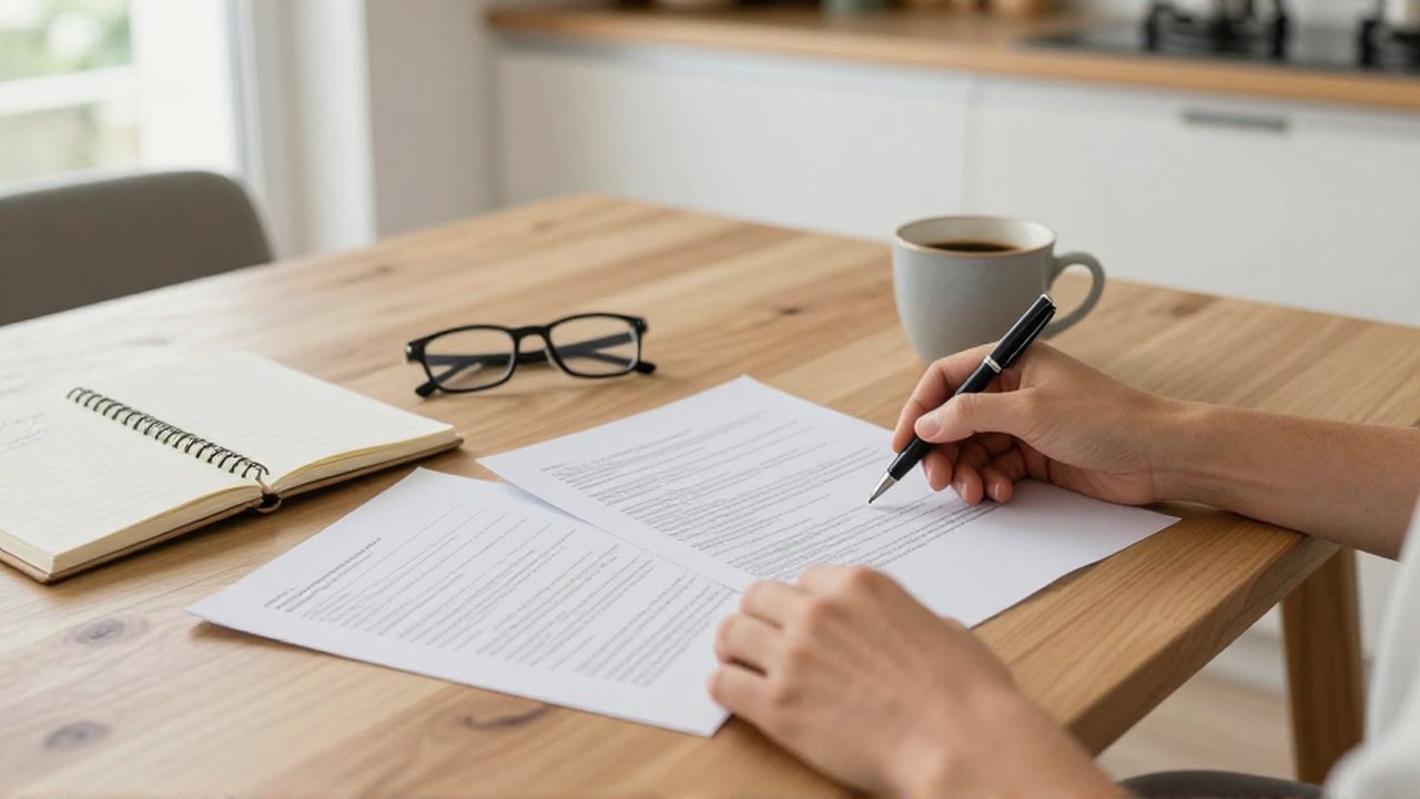 Manos con un bolígrafo revisan documentos impresos sobre una mesa de madera junto a un cuaderno y café.