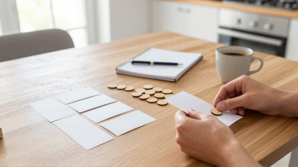 Manos organizando dos montones de papeles blancos y fichas de madera sobre una mesa de cocina.