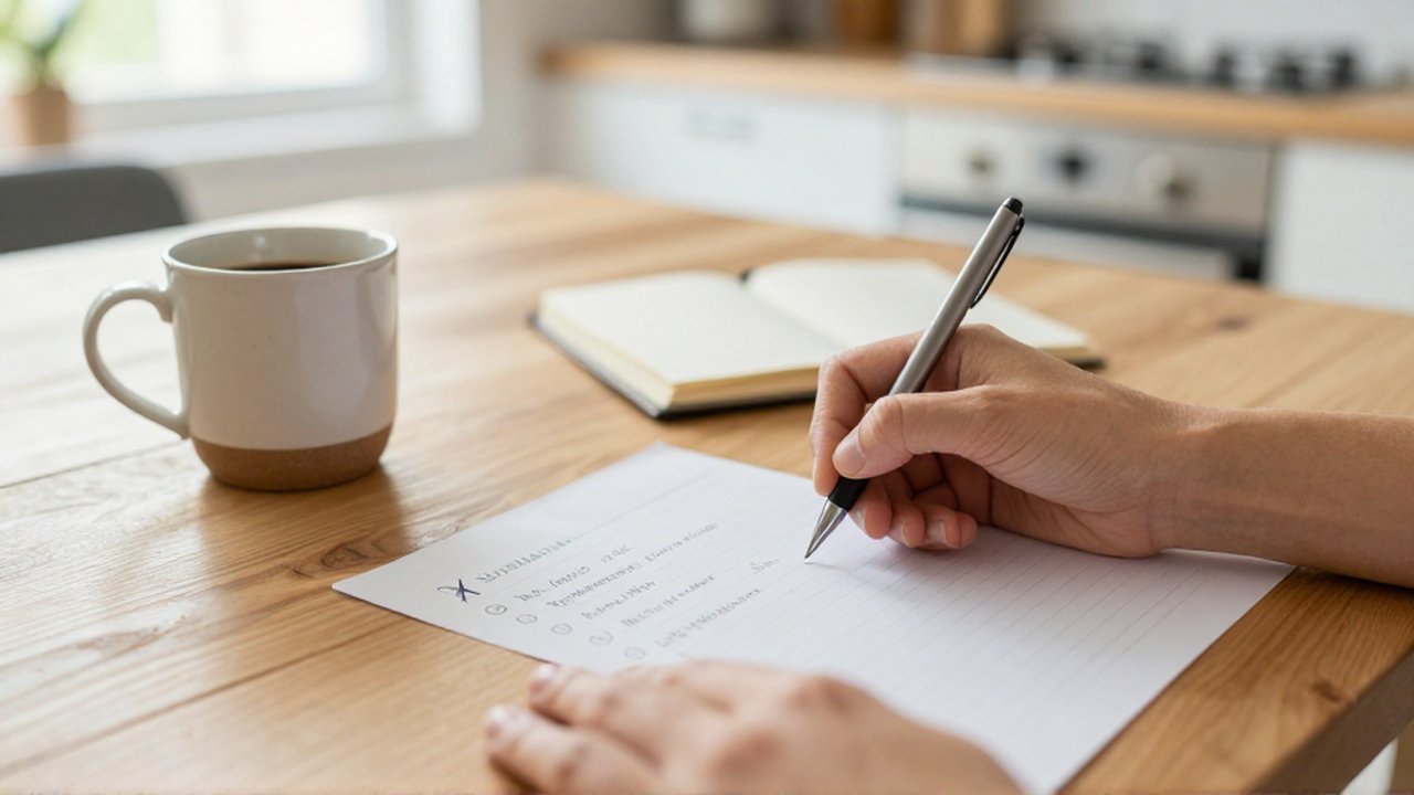 Unas manos tachan un elemento de una lista escrita en un papel sobre una mesa de madera junto a un café.