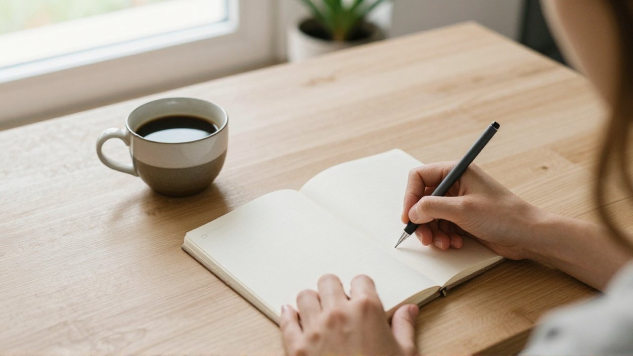 Manos escribiendo en un cuaderno sobre una mesa de madera junto a una taza de café.