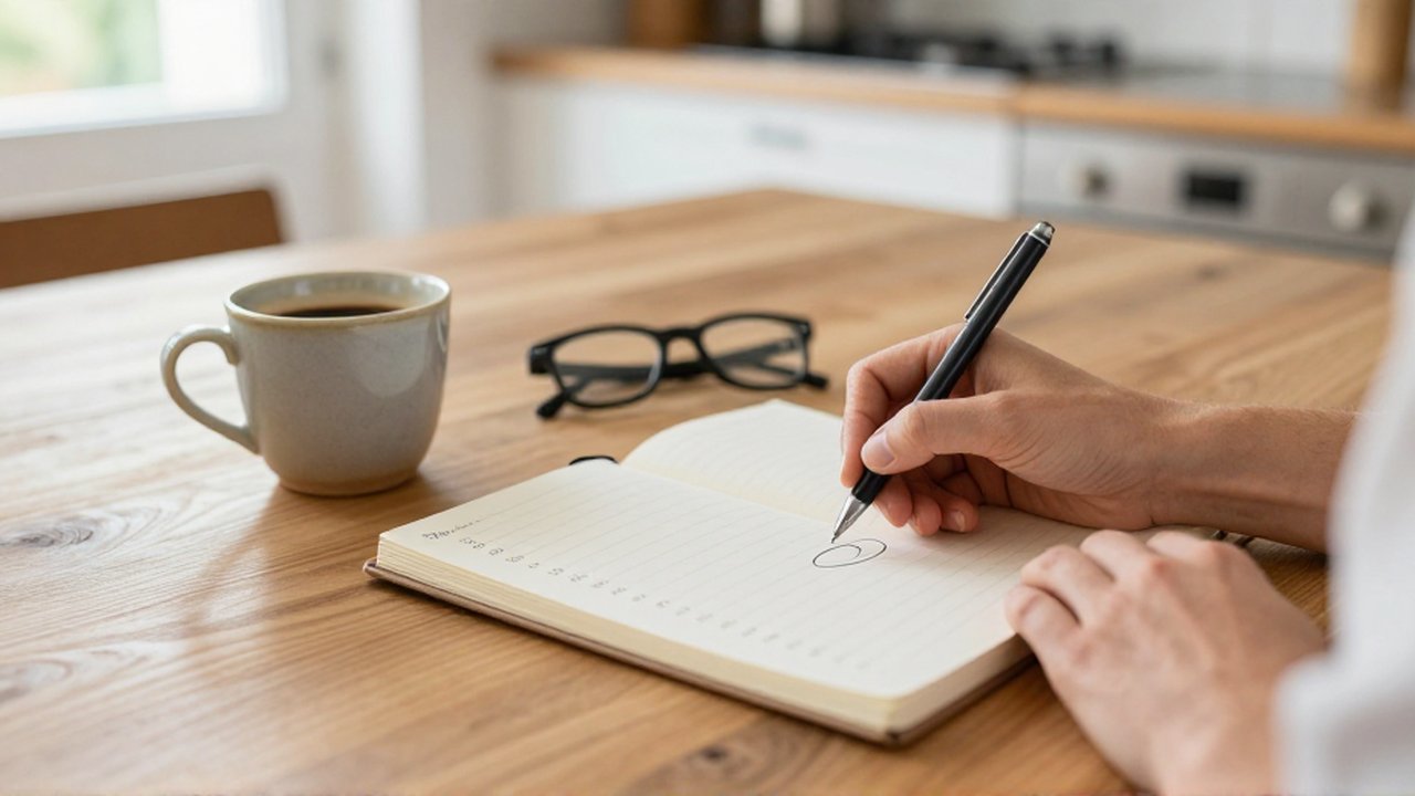 Manos rodeando elementos de una lista en un cuaderno abierto sobre una mesa de madera junto a un café.