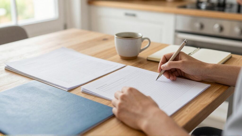 Manos de un adulto organizan documentos y un cuaderno sobre una mesa de madera junto a un café.