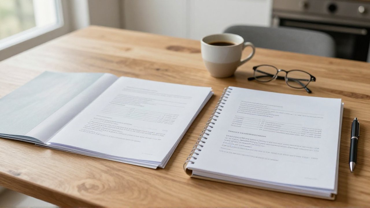 Dos conjuntos de documentos y carpetas organizados sobre una mesa de madera junto a un café y gafas.