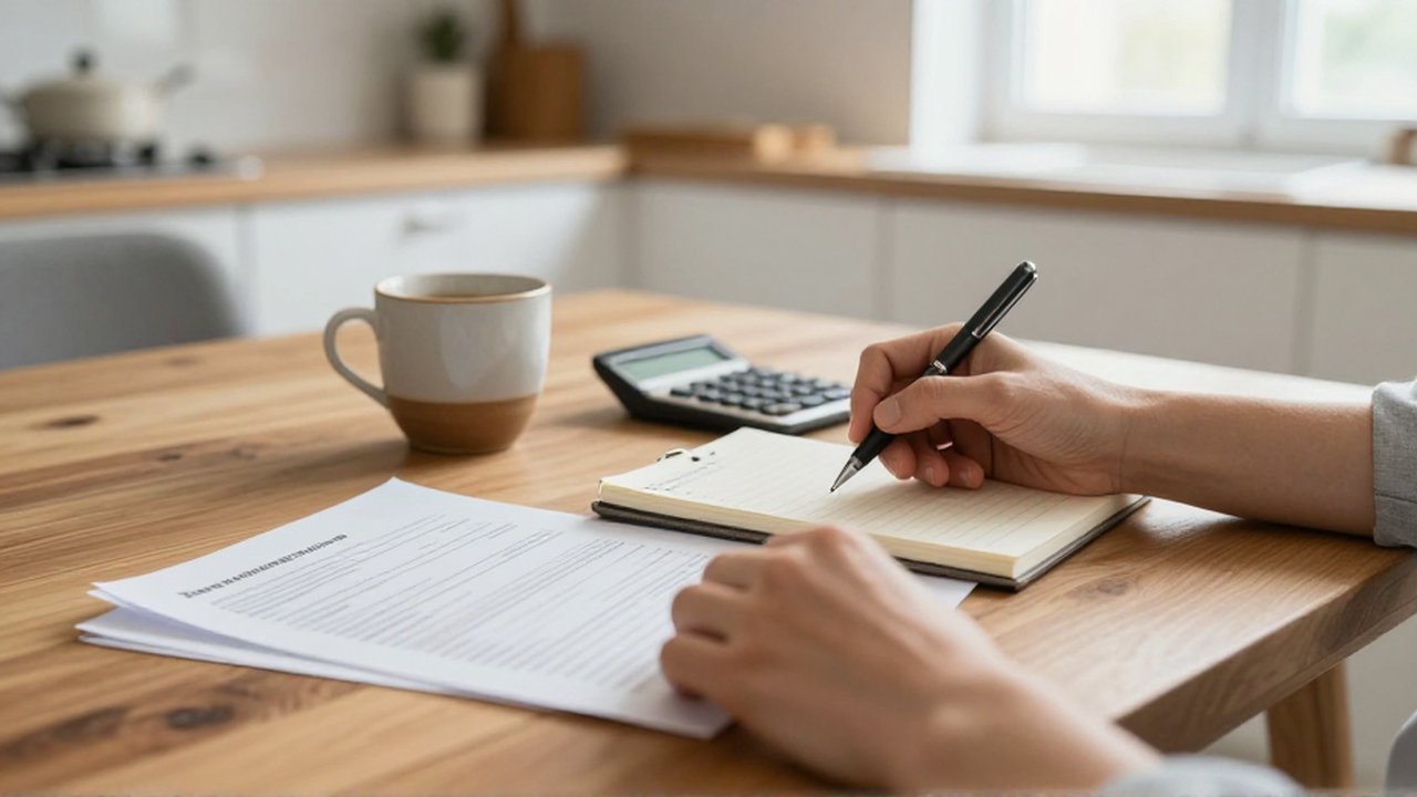 Manos sosteniendo un bolígrafo sobre documentos, un cuaderno, una calculadora y una taza de café en una mesa de madera.