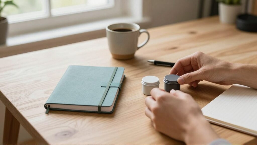 Manos organizando dos tipos de recipientes cerrados sobre una mesa de madera con café y un bolígrafo.