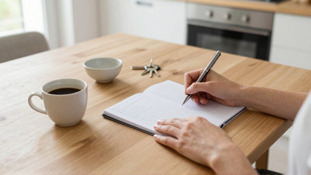 Manos escribiendo con un bolígrafo en un cuaderno sobre una mesa de madera junto a un café.