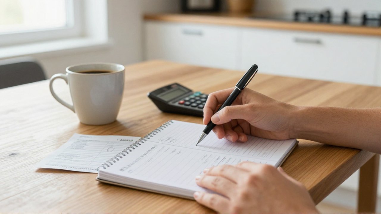 Manos de una persona usan un bolígrafo para anotar una lista junto a facturas, una calculadora y café sobre una mesa de madera.