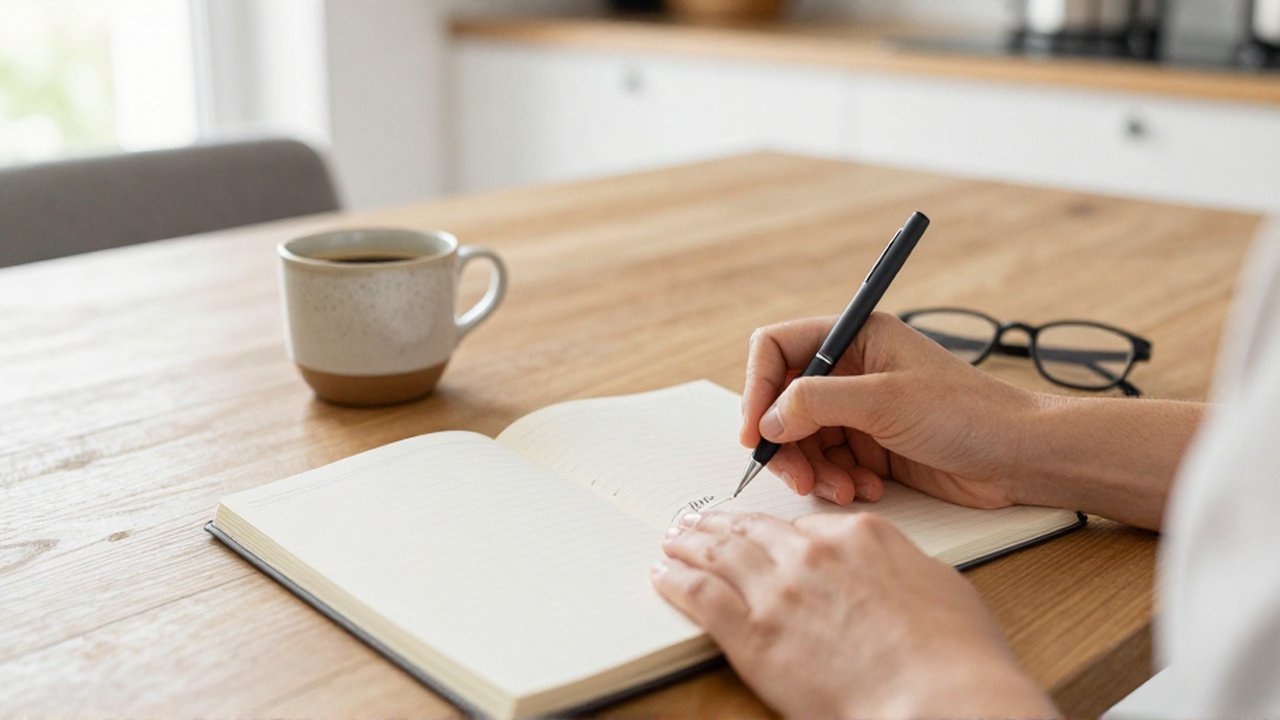 Manos escribiendo notas en un cuaderno abierto sobre una mesa de madera con café y gafas.