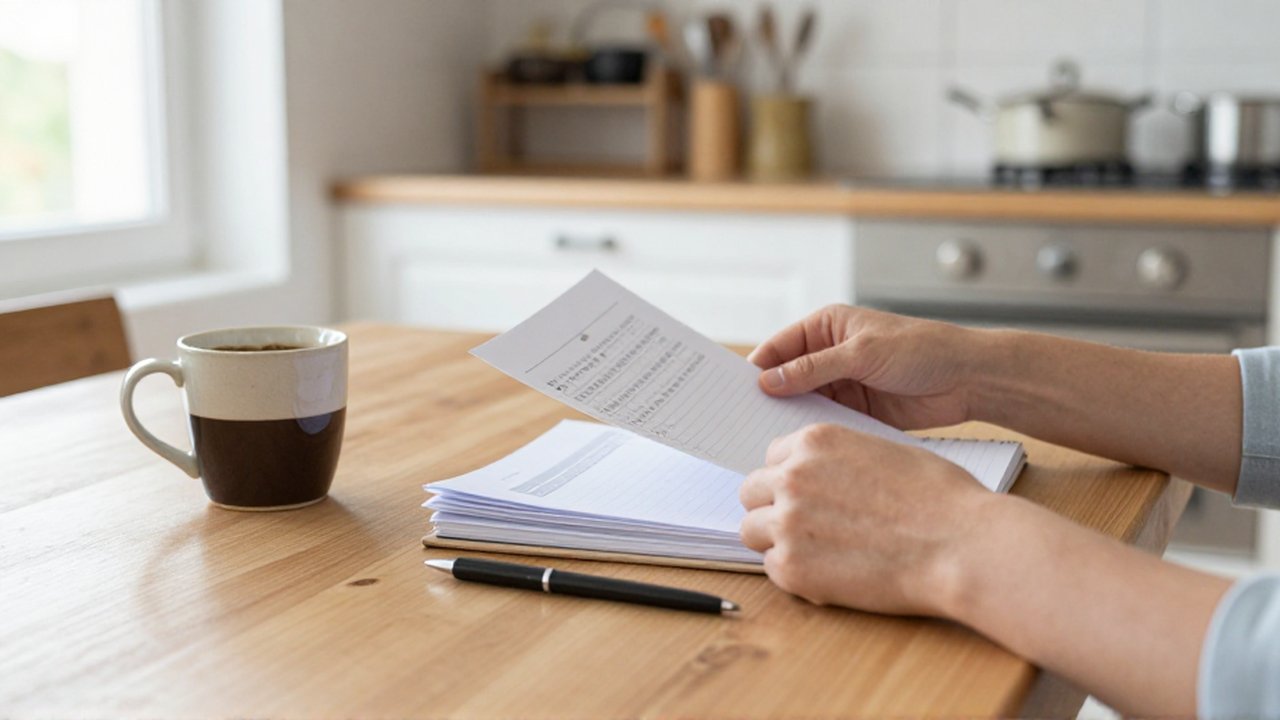 Persona sentada ante una mesa de madera revisando documentos y un planificador junto a una taza de café.