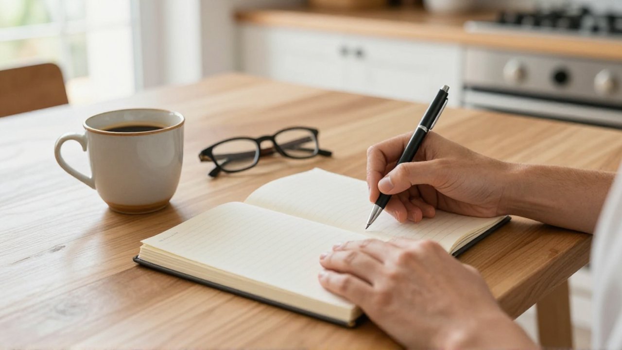 Unas manos con un bolígrafo descansan sobre un cuaderno abierto junto a café y gafas en una mesa de madera.