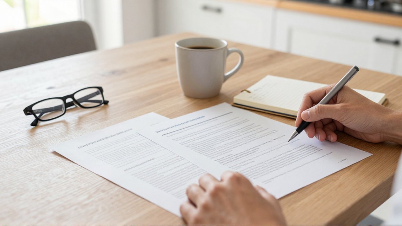 Manos revisan dos documentos de seguros sobre una mesa de madera junto a un café y gafas.