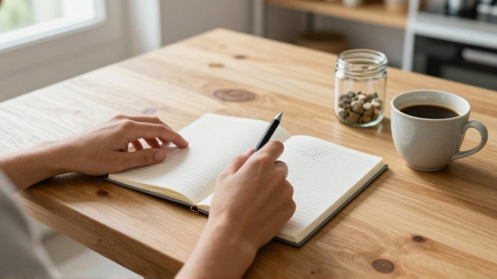 Manos organizando un cuaderno con columnas