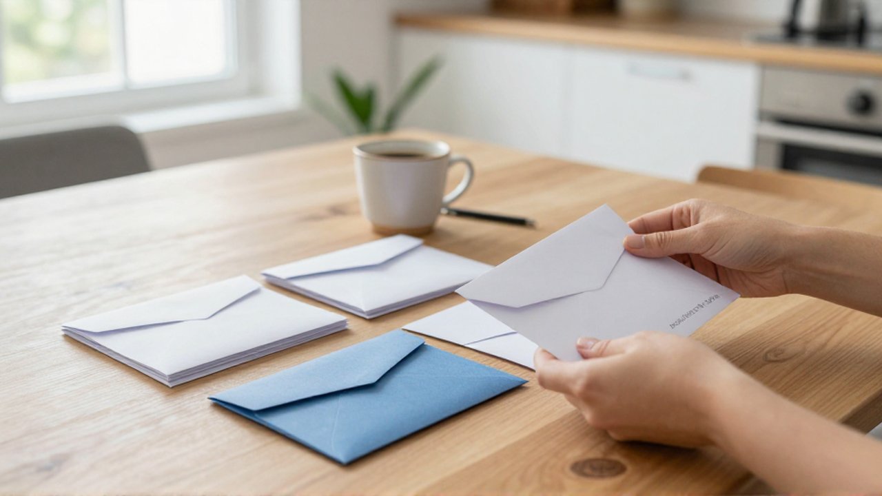 Unas manos organizan sobres de notificaciones bancarias y documentos en montones sobre una mesa de madera.
