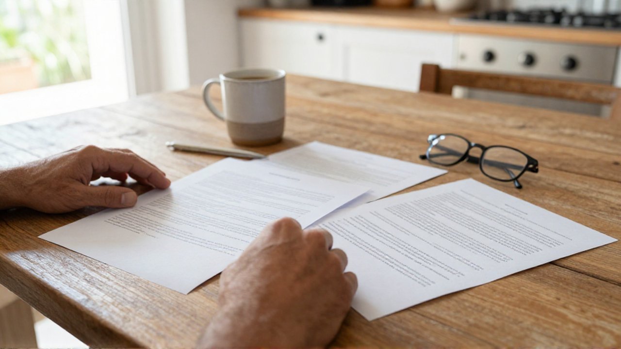 Manos de adulto comparan dos conjuntos de documentos sobre una mesa de madera con café y gafas.