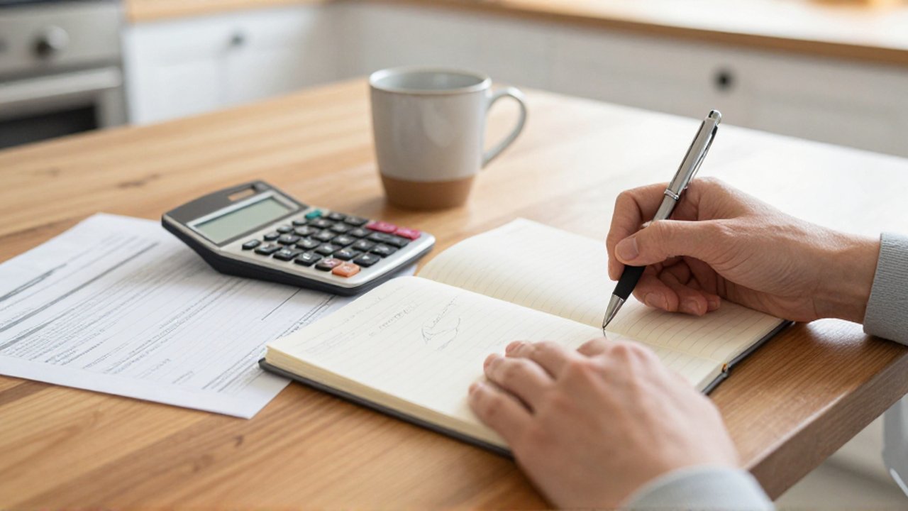 Manos de una persona circulando cifras en un cuaderno junto a una calculadora sobre una mesa de madera.