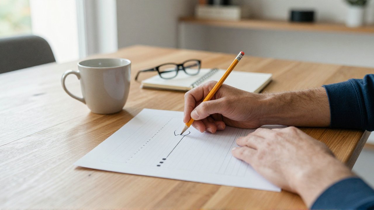 Manos trazando una línea con un lápiz sobre un gráfico de papel en una mesa de madera.