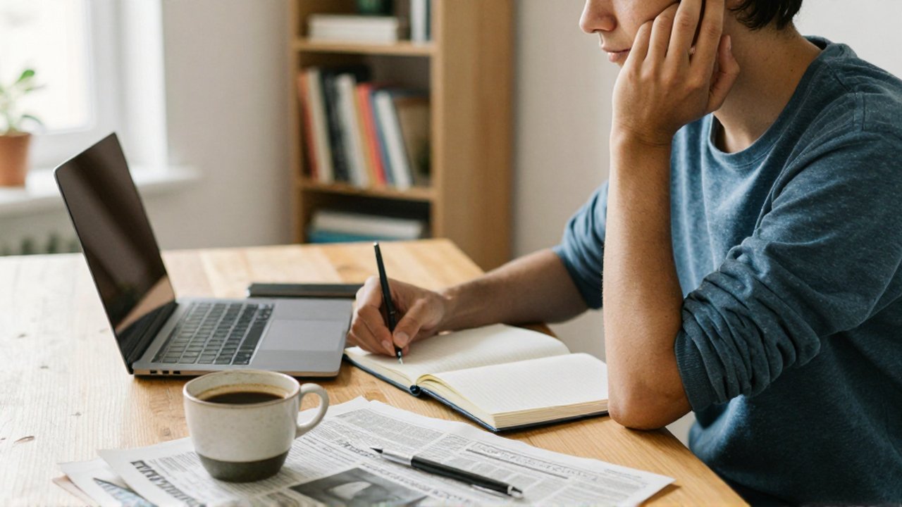 Persona sentada ante un escritorio de madera con un cuaderno abierto, un café y periódicos impresos.