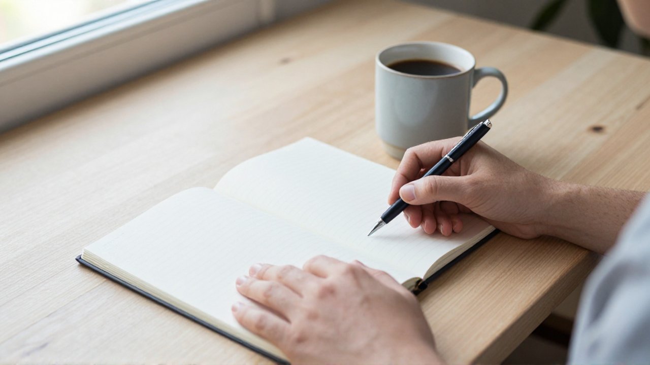 Manos sobre un escritorio de madera que acomodan un cuaderno abierto junto a un bolígrafo y una taza de café.