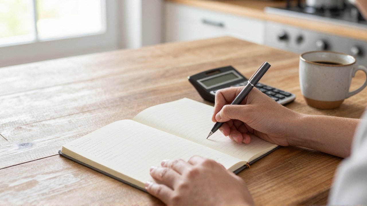 Manos escribiendo en un cuaderno sobre una mesa de madera junto a un bolígrafo, calculadora y café.