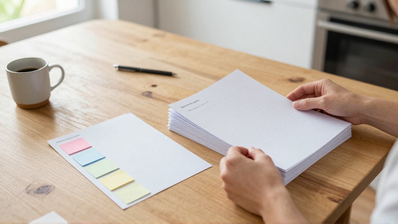 Manos que organizan dos pilas de papeles y notas adhesivas de colores sobre una mesa de madera.