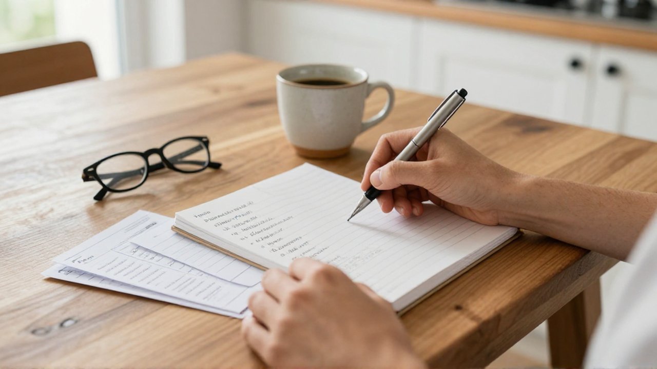 Manos organizando notas y recibos junto a un cuaderno, una taza de café y gafas sobre una mesa de madera.