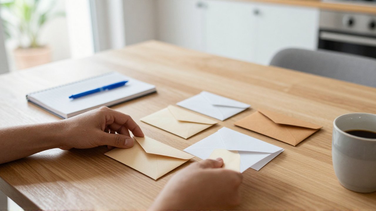 Manos organizando sobres pequeños sobre una mesa de madera junto a un cuaderno y café.