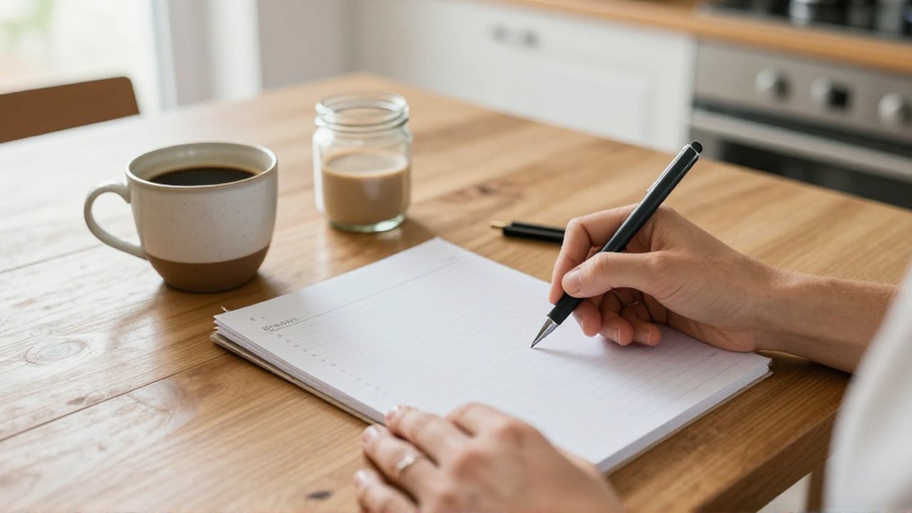 Manos marcando una fecha en una agenda sobre una mesa de madera junto a un café.