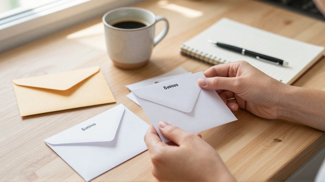 Manos de una persona colocando un papel en un sobre etiquetado sobre una mesa de madera.