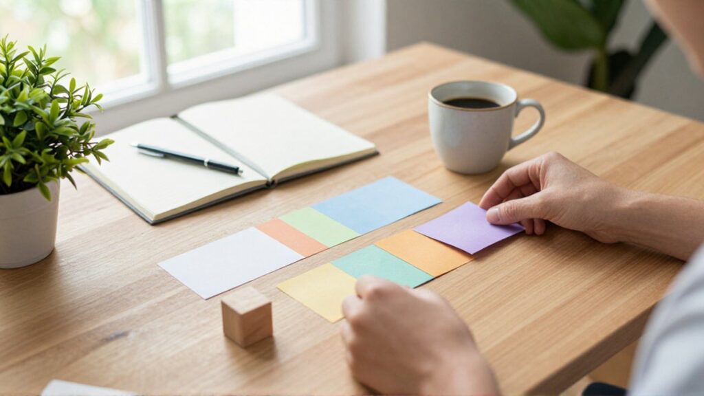 Manos organizando trozos de papel de colores y bloques de madera sobre un escritorio de madera.