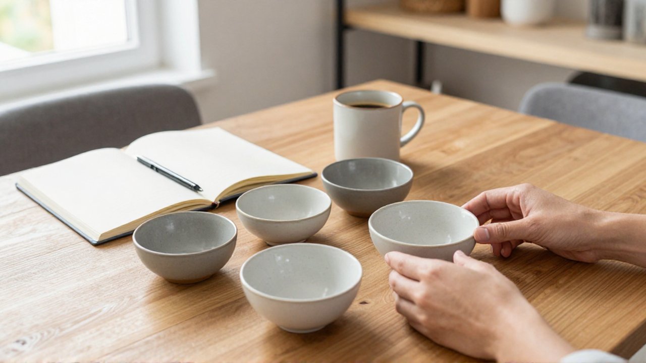 Unas manos colocan diversos cuencos de cerámica sobre una mesa de madera junto a un cuaderno y café.