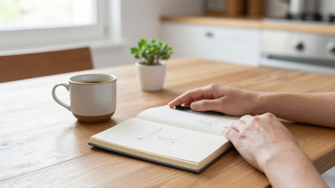 Manos descansan junto a un cuaderno con diagramas, una taza de café y una pluma sobre una mesa de madera.