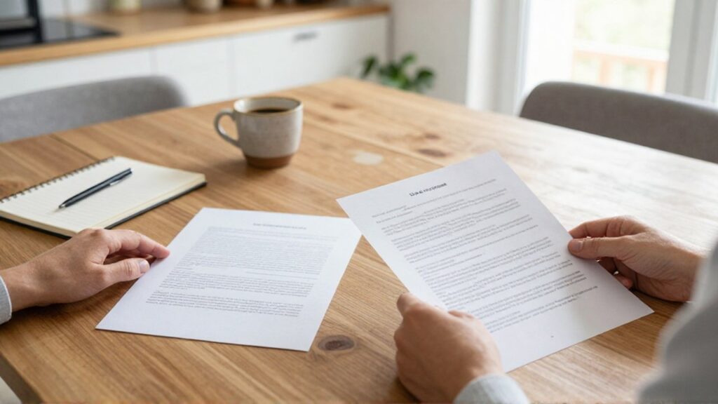 Manos de una persona comparan dos documentos impresos sobre una mesa de madera junto a un cuaderno.