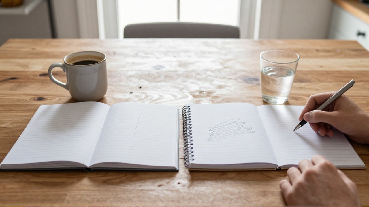 Dos cuadernos con trazos distintos junto a una taza de café y un vaso de agua sobre una mesa de madera.