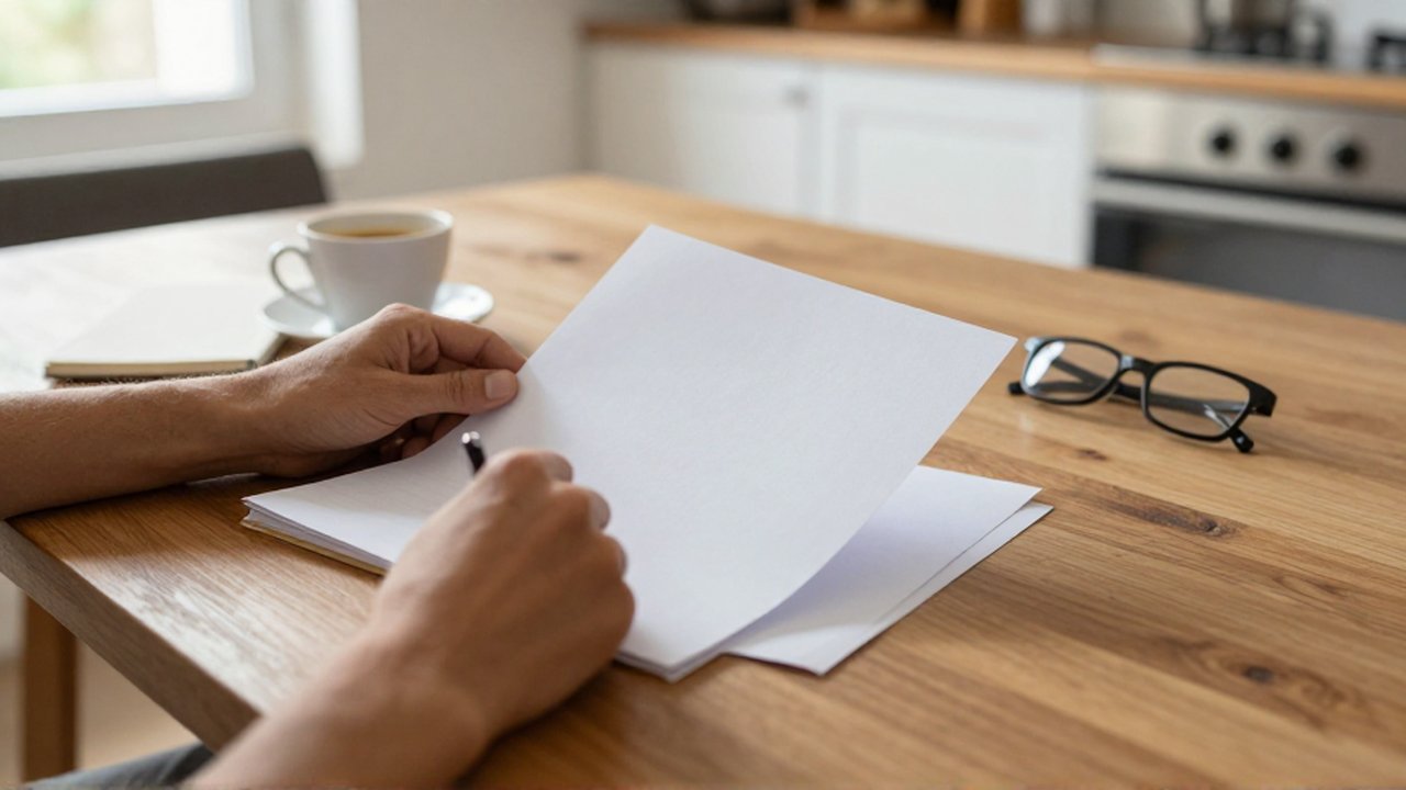 Manos organizando papeles, un cuaderno, un bolígrafo, gafas y una taza de café sobre una mesa de madera.