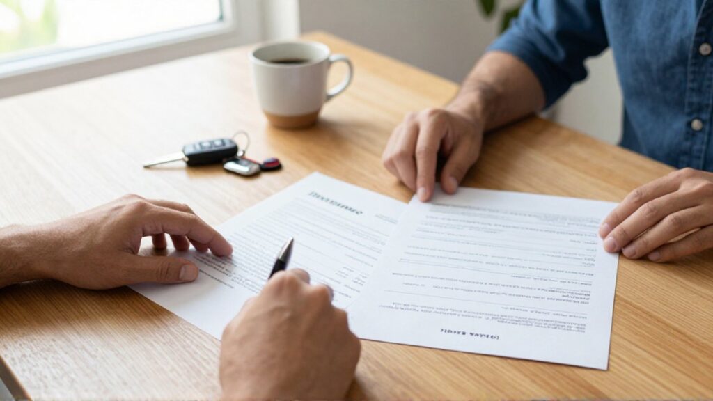 Manos revisando documentos de seguros y un bolígrafo sobre una mesa de madera con llaves.