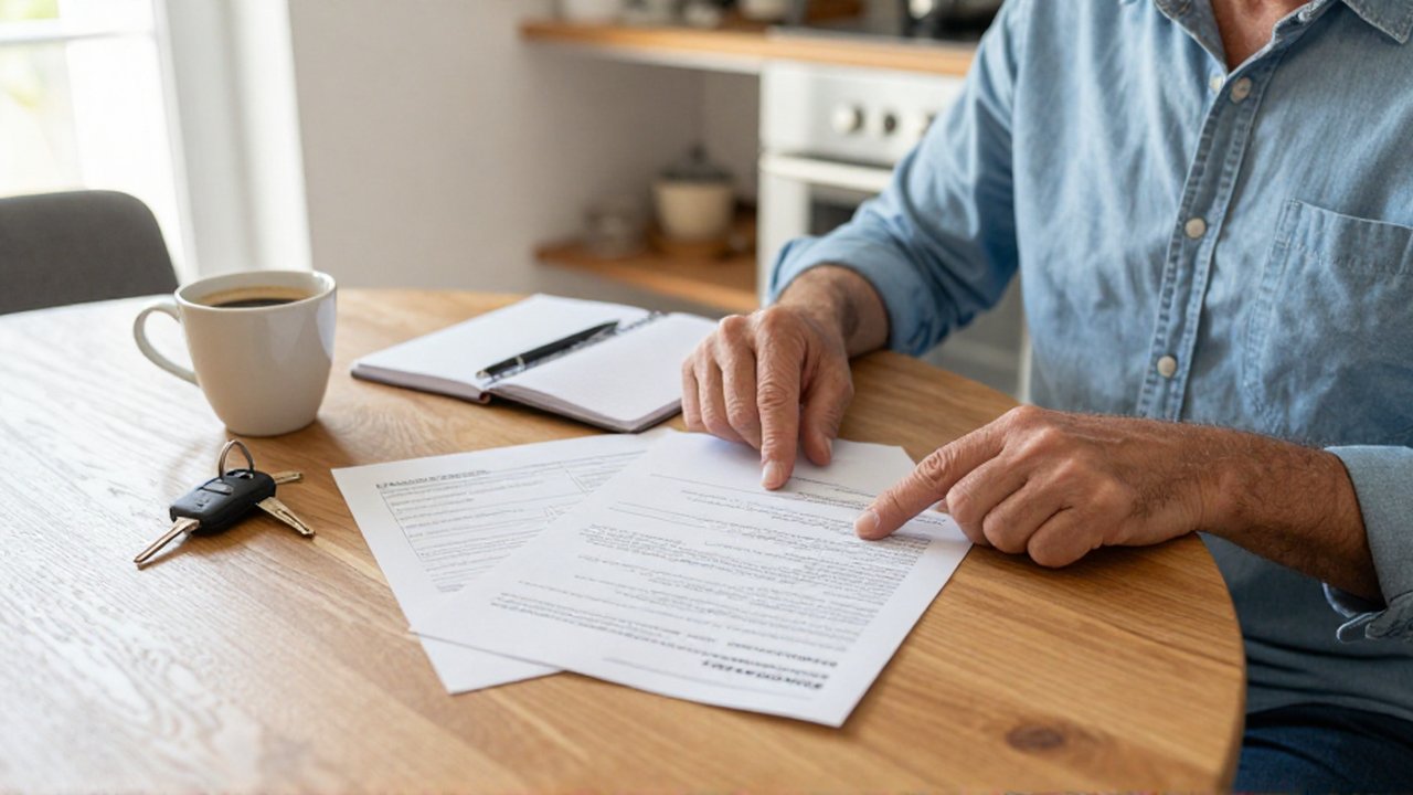 Persona de mediana edad revisa documentos de seguros en una mesa de madera junto a unas llaves de coche.