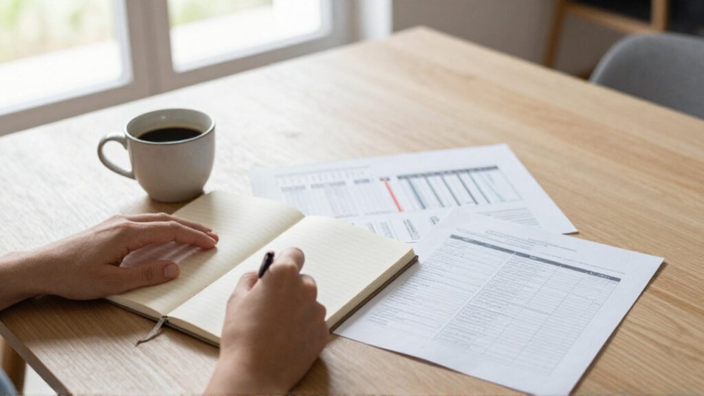 Manos revisan un cuaderno de planificación y gráficos impresos sobre una mesa de madera con café.