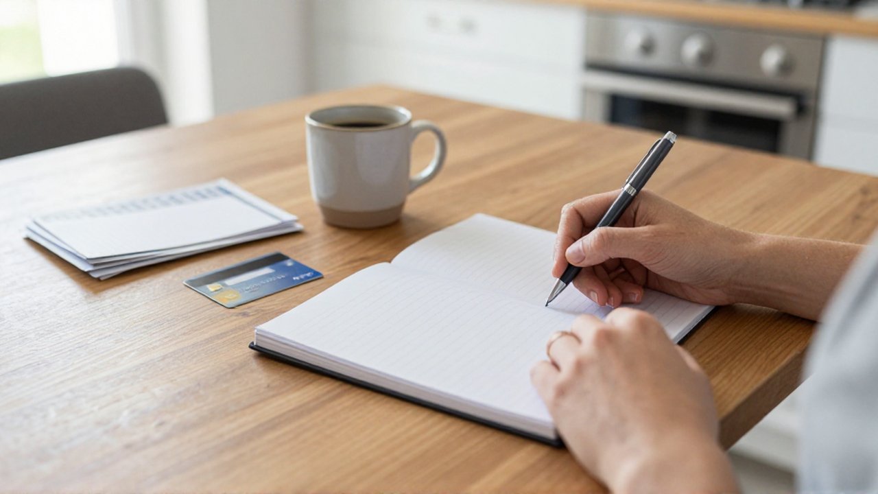 Manos de un adulto con un bolígrafo sobre un cuaderno abierto en una mesa de madera.