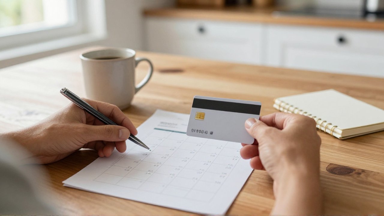 Manos con un bolígrafo revisando un documento, una tarjeta de pago y un calendario sobre una mesa de madera.