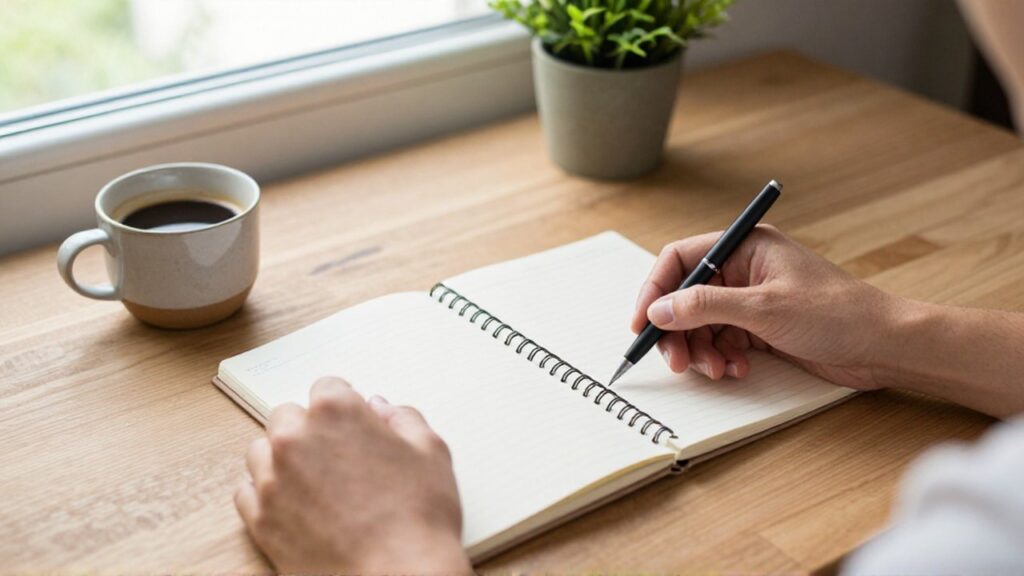 Manos sobre un escritorio de madera organizando un cuaderno y un bolígrafo junto a un café.