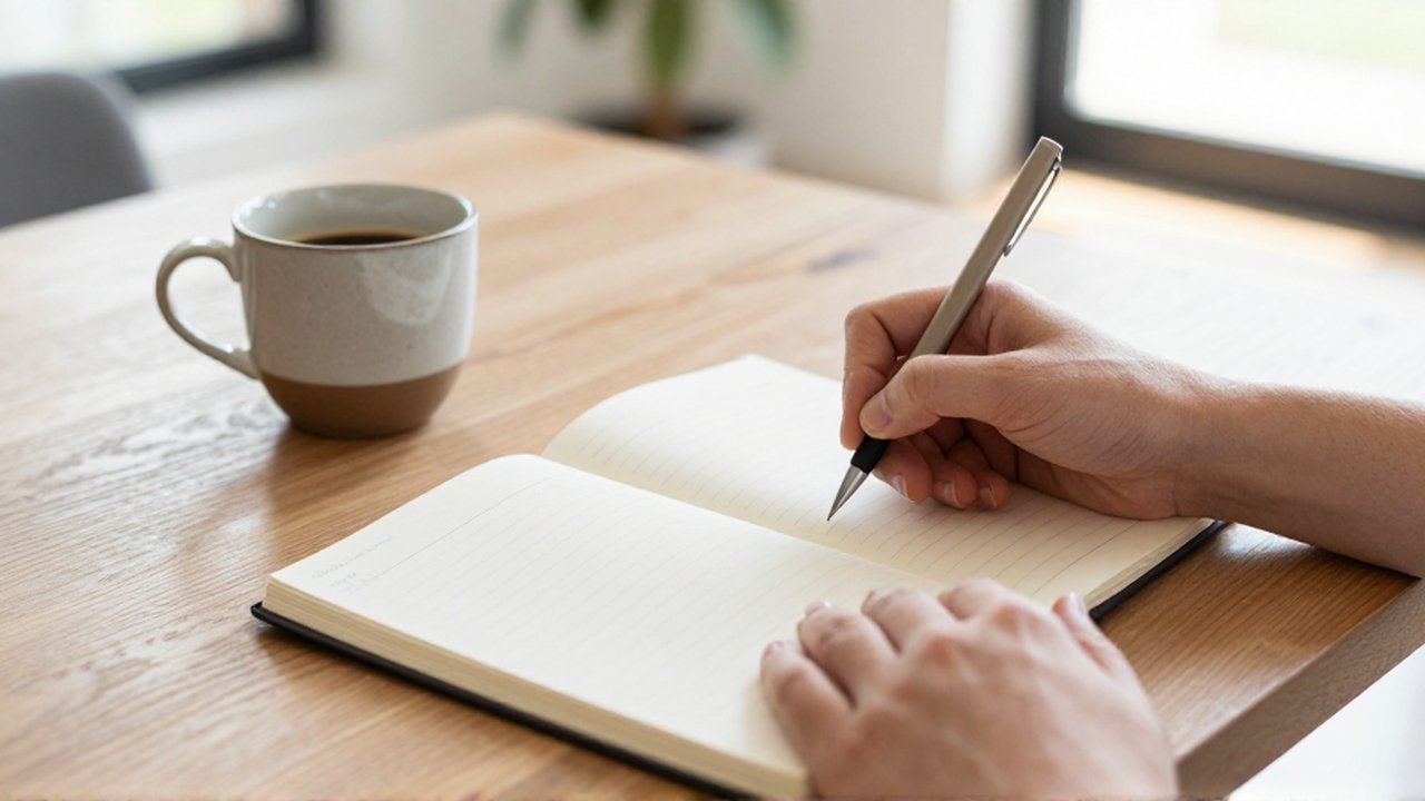 Manos escribiendo en un cuaderno abierto sobre un escritorio de madera junto a una taza de café.