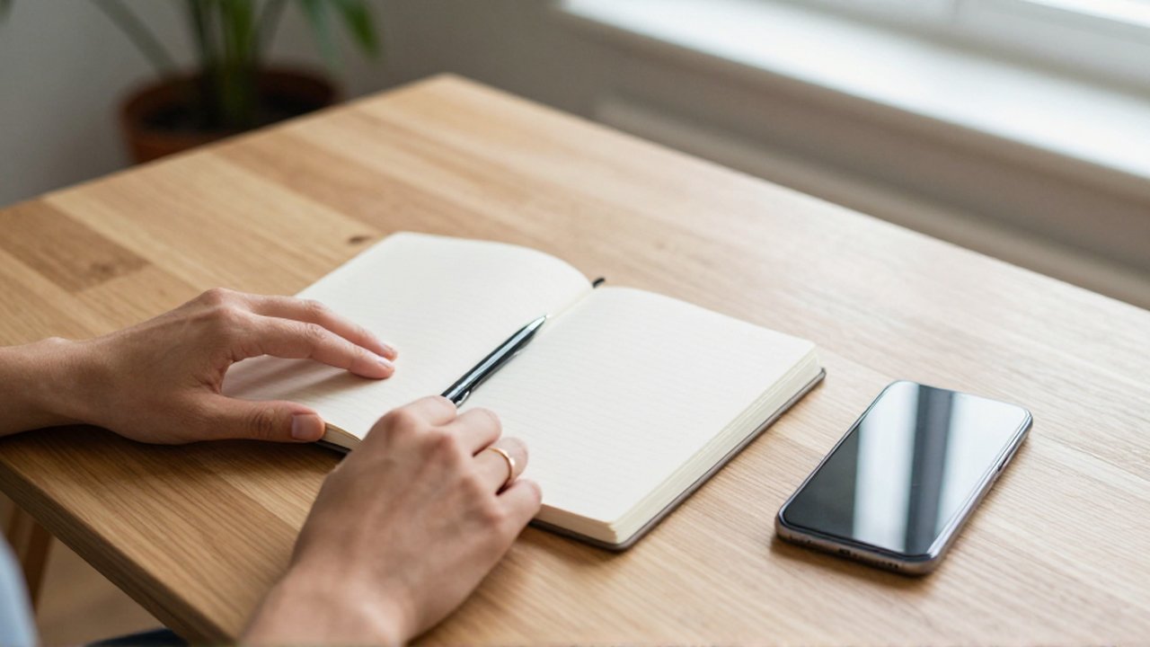 Manos pasando las páginas de un cuaderno abierto sobre un escritorio de madera con un smartphone y un bolígrafo.
