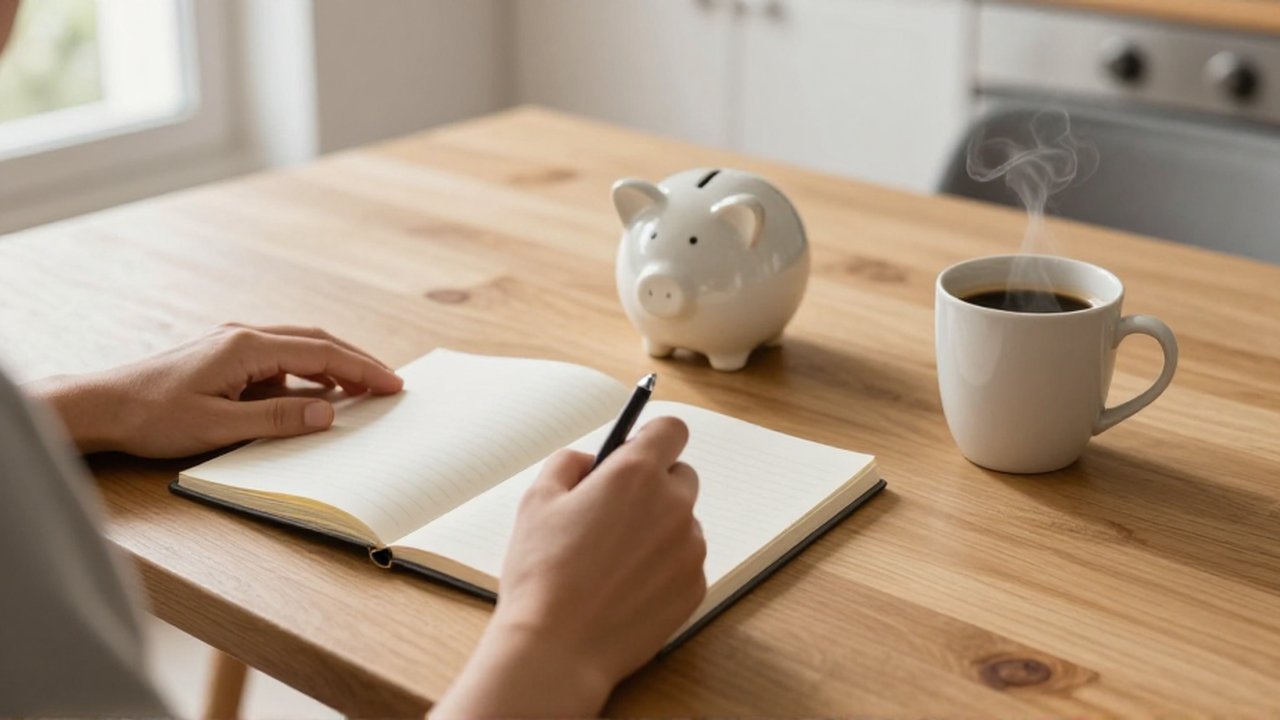 Manos con un bolígrafo junto a un cuaderno abierto, una hucha cerámica y un café sobre una mesa de madera.