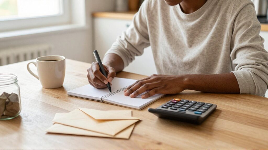 Persona con ropa informal revisa un cuaderno y una calculadora sobre una mesa de madera.